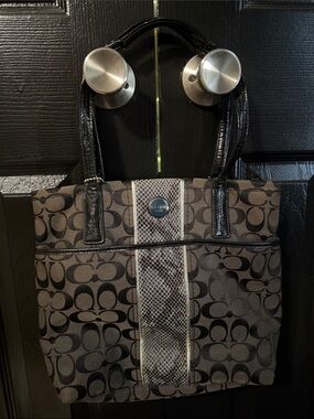Coach Black and Gray Signature Pattern Tote with Center Stripe
